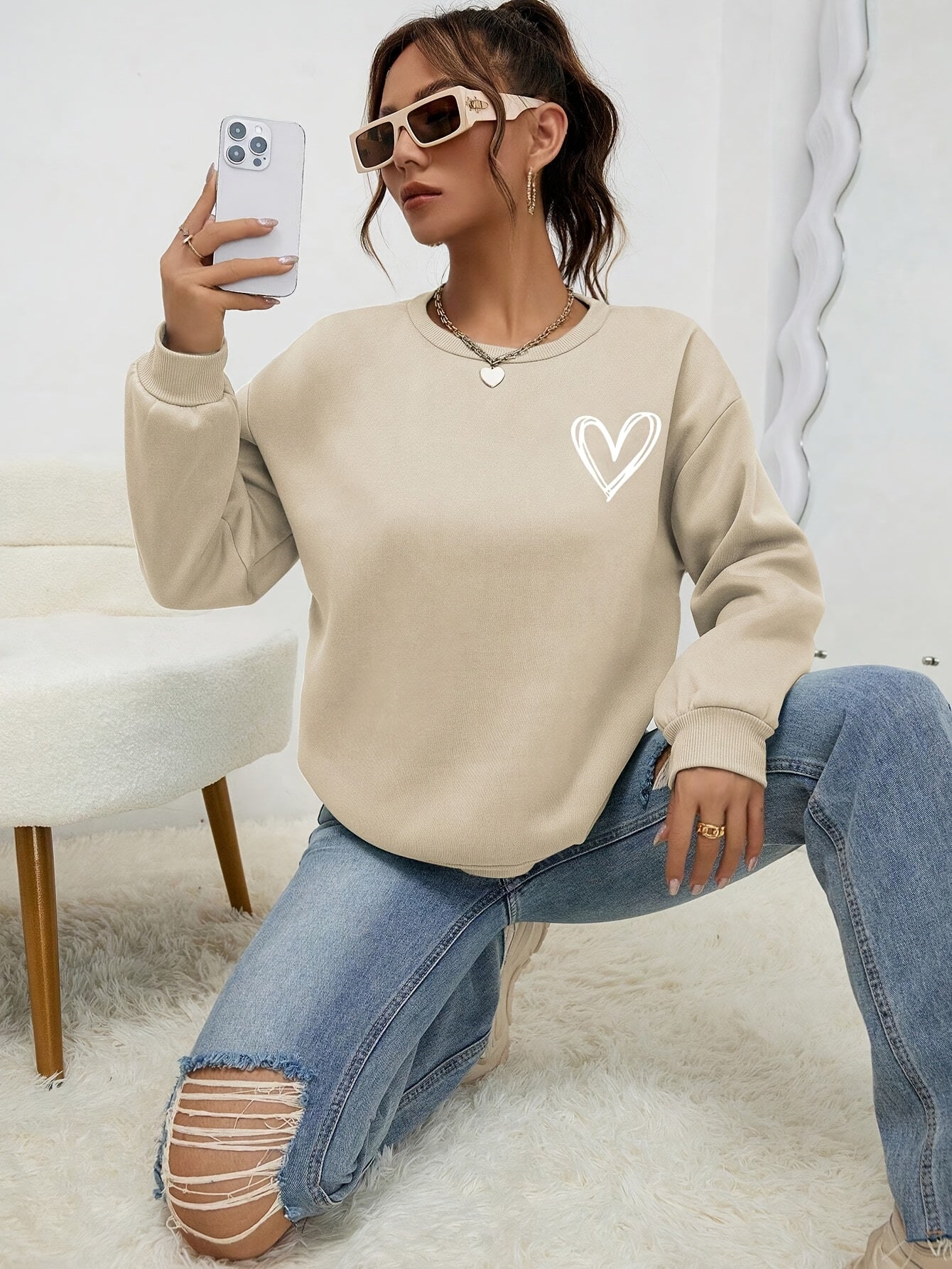 Sophie | Heart Print Long Sleeve Casual Sweatshirt