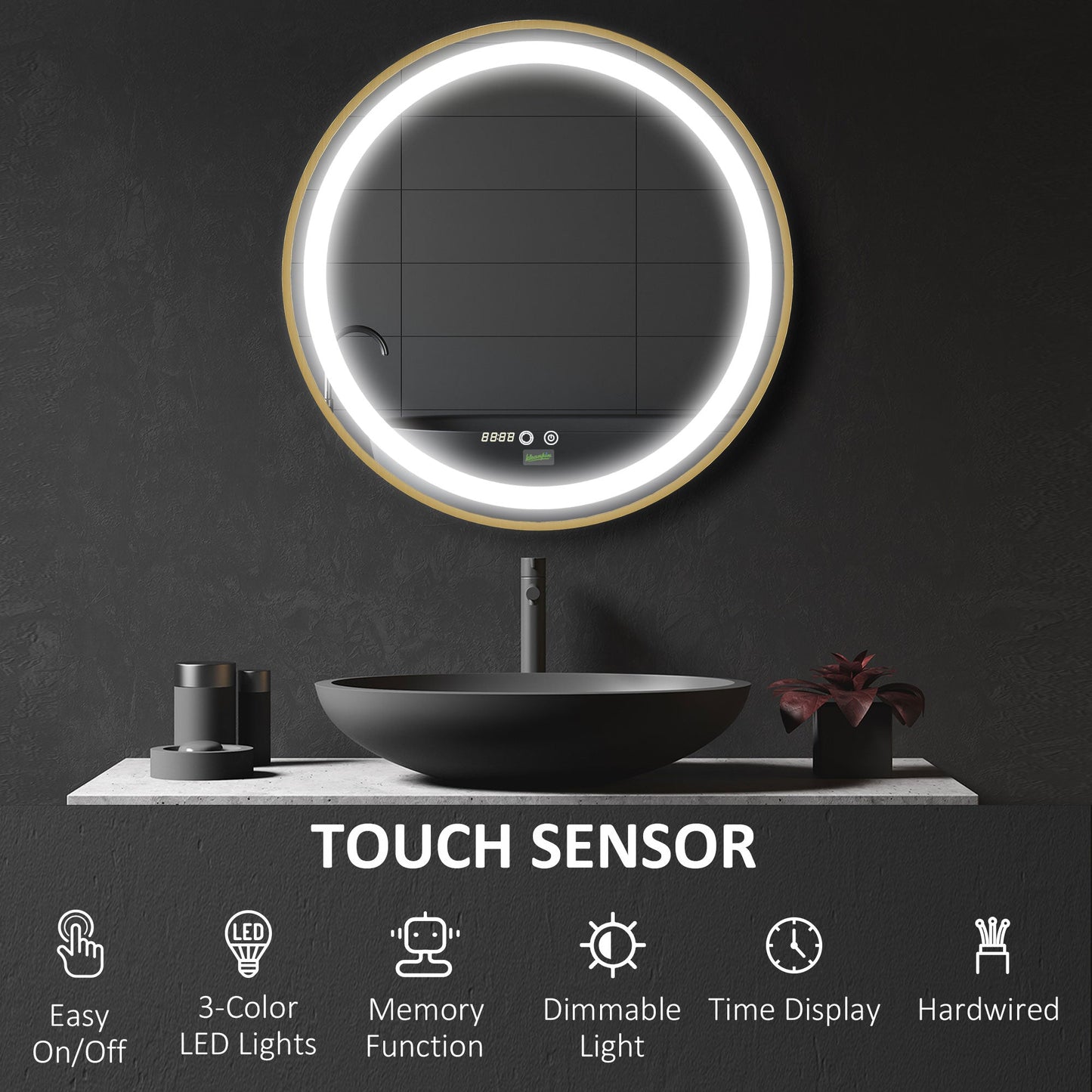 Round LED Bathroom Mirror with Time Display and Memory Feature