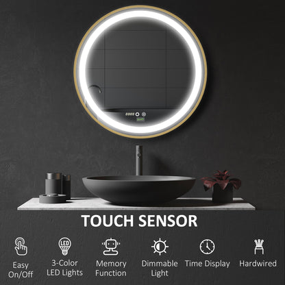 Round LED Bathroom Mirror with Time Display and Memory Feature